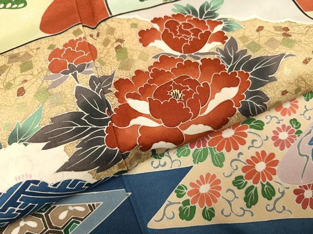 平和屋着物●豪華振袖 友禅 色紙草花文 金彩 正絹 逸品 AABG9563ph