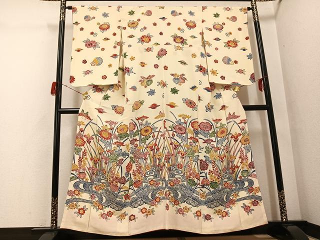 平和屋着物●訪問着 紅型 流水草花文 鬼しぼ縮緬 正絹 逸品 AABG9571ph