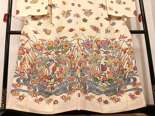 平和屋着物●訪問着 紅型 流水草花文 鬼しぼ縮緬 正絹 逸品 AABG9571ph