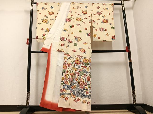 平和屋着物●訪問着 紅型 流水草花文 鬼しぼ縮緬 正絹 逸品 AABG9571ph