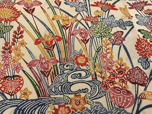 平和屋着物●訪問着 紅型 流水草花文 鬼しぼ縮緬 正絹 逸品 AABG9571ph