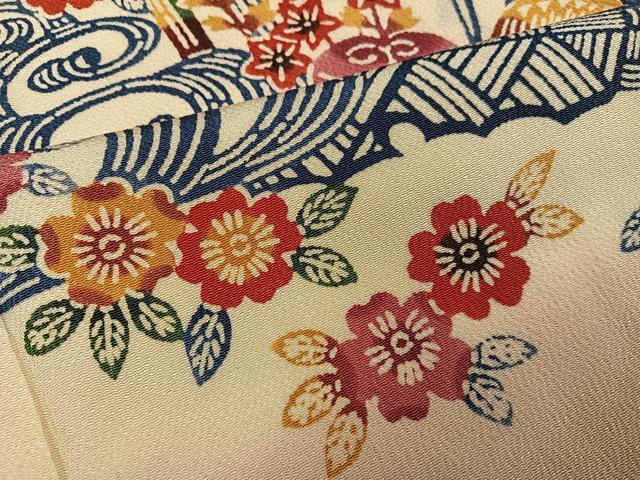 平和屋着物●訪問着 紅型 流水草花文 鬼しぼ縮緬 正絹 逸品 AABG9571ph