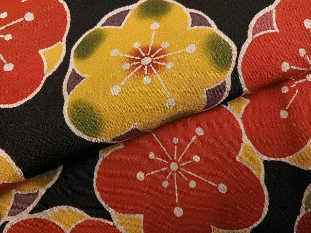 平和屋着物●豪華振袖 紅型 梅笹文 黒地 鬼しぼ縮緬 正絹 逸品 AABG9572ph