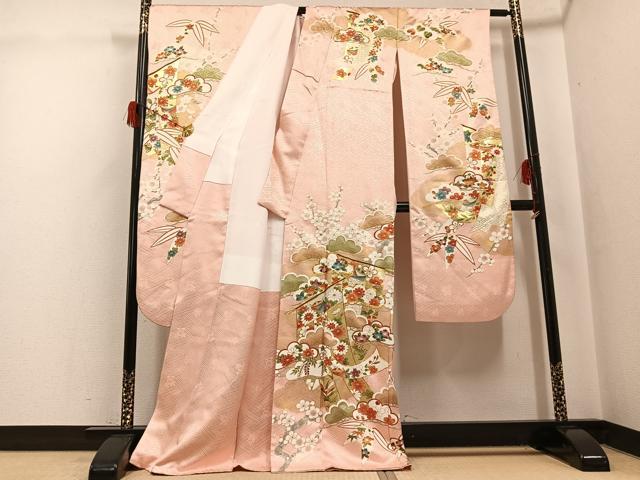 平和屋着物●豪華振袖 駒刺繍 草花文 金彩 正絹 逸品 AABG9581ph