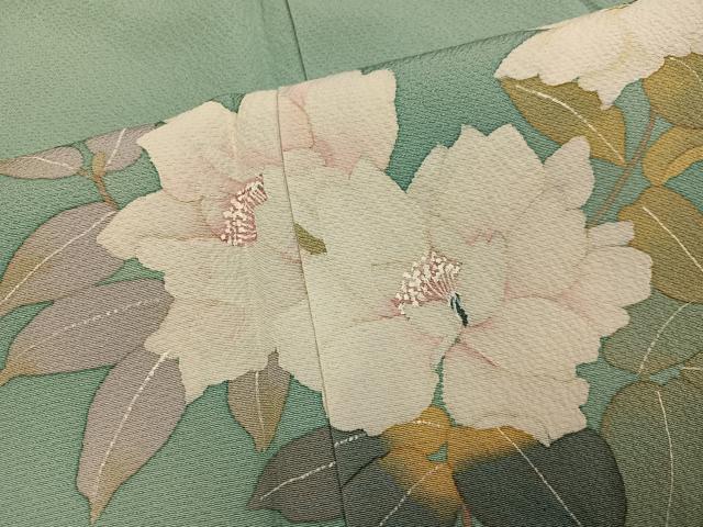 平和屋着物●清次郎 手描き 色無地 枝花文 山葵色 正絹 逸品 AABG9587ph