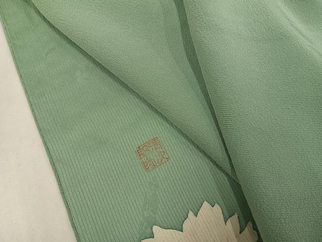 平和屋着物●清次郎 手描き 色無地 枝花文 山葵色 正絹 逸品 AABG9587ph