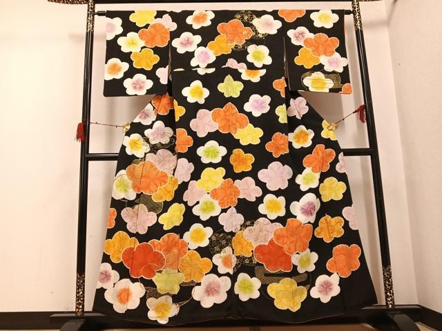 平和屋着物●訪問着 駒刺繍 梅 黒地 金彩 三越扱い 正絹 逸品 AABG9590ph