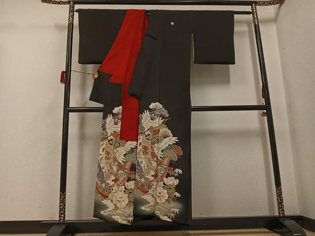 平和屋着物●アンティーク 大正ロマン 黒留袖 飛鶴草花文宝船 正絹 逸品 AABG9594ph