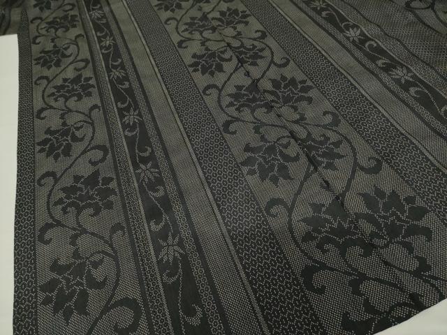 平和屋着物▽本場大島紬 単衣 花唐草間道 黒地 正絹 逸品 AABG9617ck