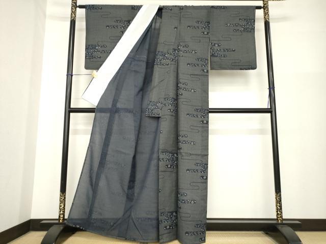 平和屋着物*夏物 小紋 エ霞取花文 黒地 洗える着物 AABG9636ck