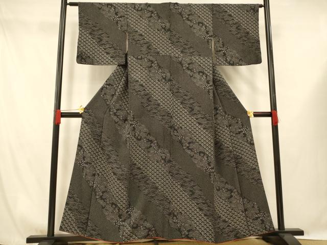 平和屋着物■上質な小紋 斜縞草花文 黒地 正絹 逸品 AABG9687fw