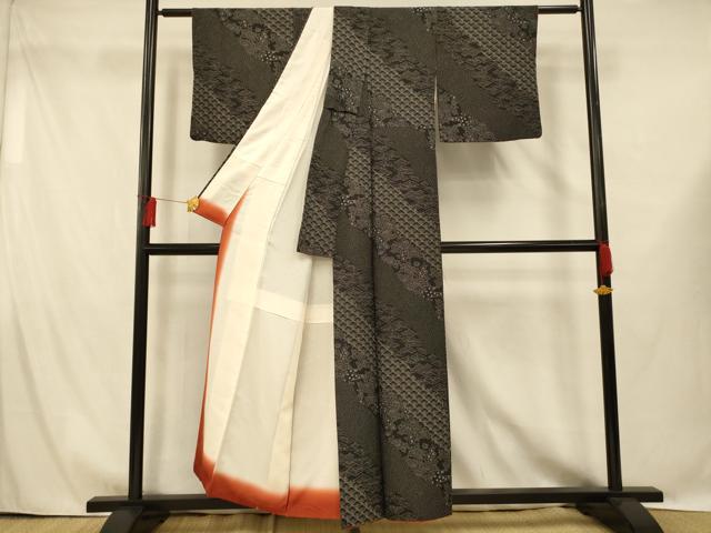 平和屋着物■上質な小紋 斜縞草花文 黒地 正絹 逸品 AABG9687fw