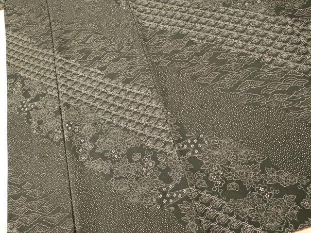 平和屋着物■上質な小紋 斜縞草花文 黒地 正絹 逸品 AABG9687fw