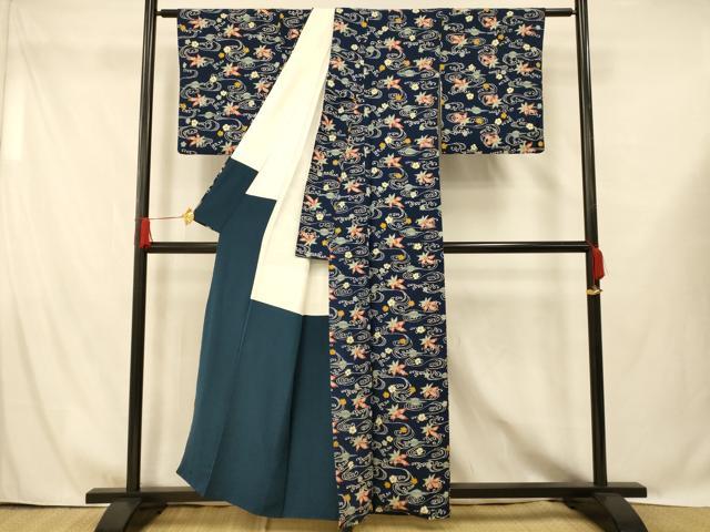 平和屋着物■上質な小紋 流水楓花文 正絹 逸品 AABG9711fw