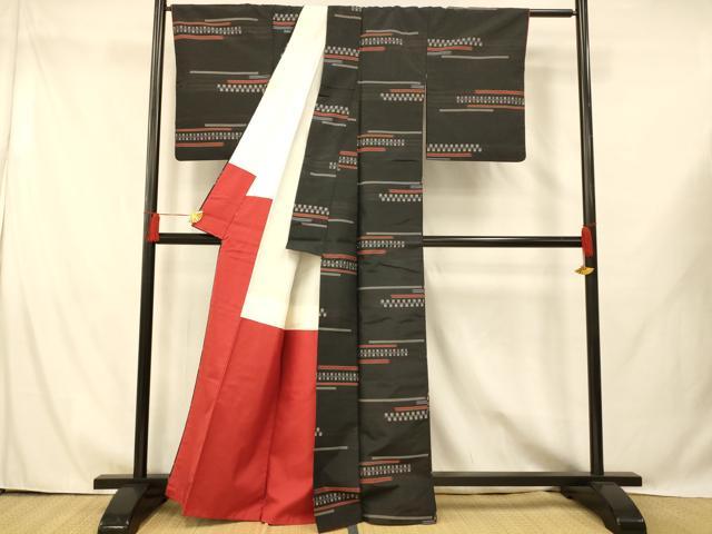 平和屋着物■上質な紬 横段格子文 黒地 正絹 逸品 AABG9723fw