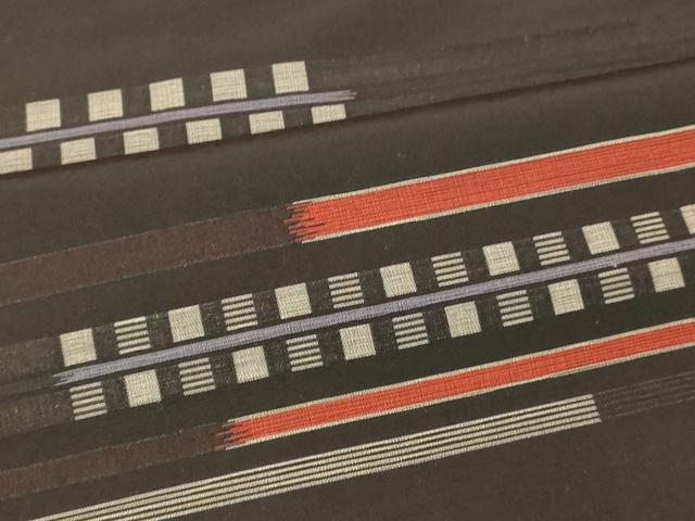 平和屋着物■上質な紬 横段格子文 黒地 正絹 逸品 AABG9723fw