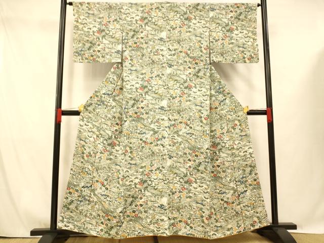 平和屋着物■上質な小紋 型染め 風景文 正絹 逸品 AABG9739fw