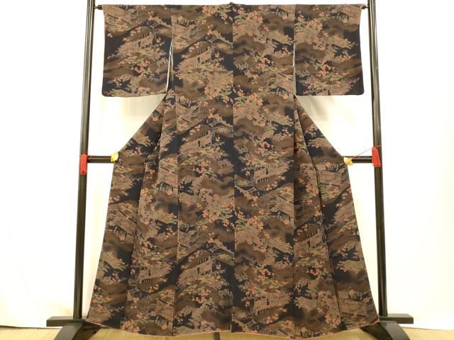 平和屋着物■上質な小紋 人物風景文 黒地 金彩 鬼しぼ縮緬 正絹 逸品 AABG9759fw