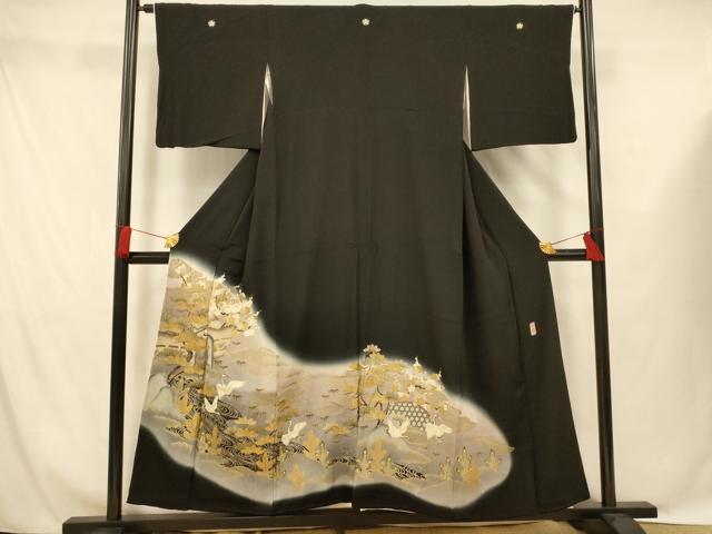 平和屋着物■豪華黒留袖 作家物 駒刺繍 群鶴籬文 暈し染め 金銀彩 正絹 逸品 AABG9775fw