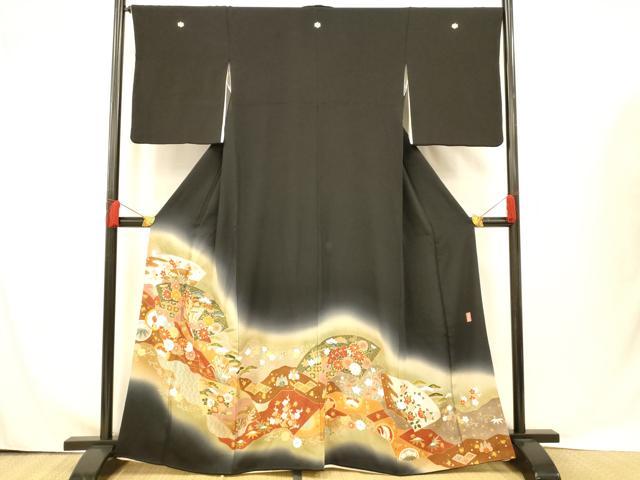 平和屋着物■豪華黒留袖 作家物 駒刺繍 地紙御所車文 暈し染め 金彩 正絹 逸品 AABG9777fw