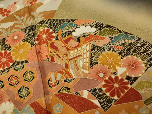平和屋着物■豪華黒留袖 作家物 駒刺繍 地紙御所車文 暈し染め 金彩 正絹 逸品 AABG9777fw