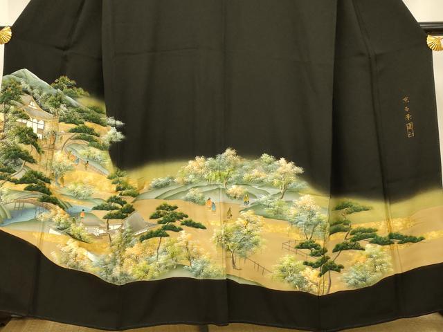 平和屋着物■豪華黒留袖 手描き 京百景 暈し染め 金彩 正絹 逸品 AABG9783fw