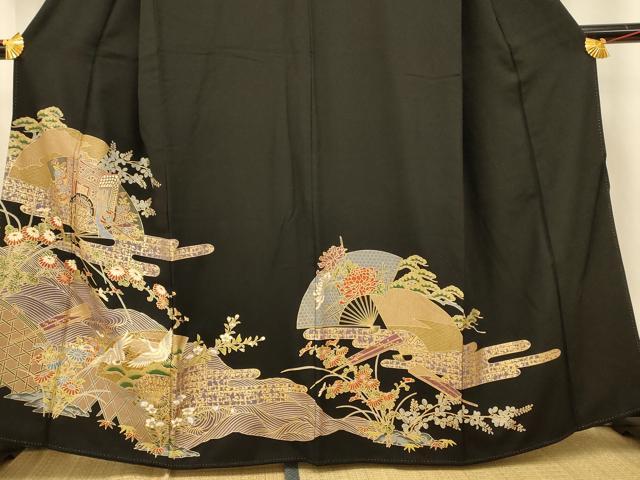 平和屋着物■豪華黒留袖 御所車扇子文 金彩 正絹 逸品 AABG9784fw