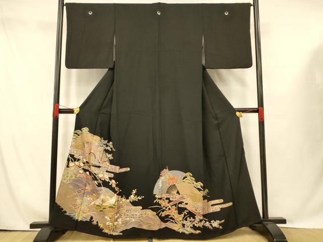 平和屋着物■豪華黒留袖 御所車扇子文 金彩 正絹 逸品 AABG9784fw