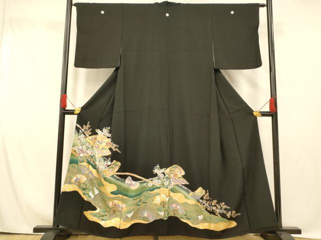 平和屋着物■豪華黒留袖 駒刺繍 吉祥花鳥扇子文 暈し染め 金銀彩 正絹 逸品 AABG9794fw