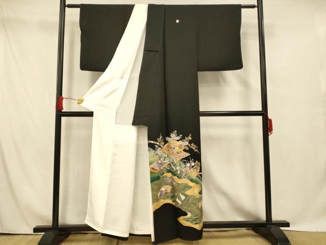 平和屋着物■豪華黒留袖 駒刺繍 吉祥花鳥扇子文 暈し染め 金銀彩 正絹 逸品 AABG9794fw