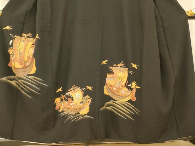 平和屋着物■豪華黒留袖 駒刺繍 飛鶴宝船文 金糸 金彩 正絹 逸品 AABG9795fw