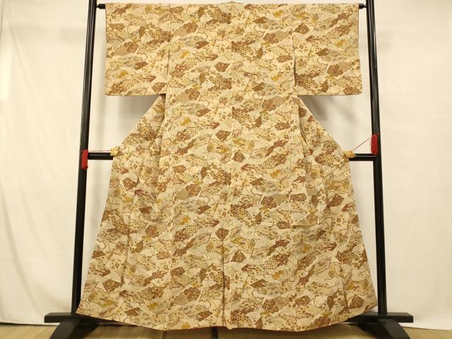 平和屋着物■上質な小紋 宝尽くし扇子文 金彩 鬼しぼ縮緬 正絹 逸品 AABG9800fw