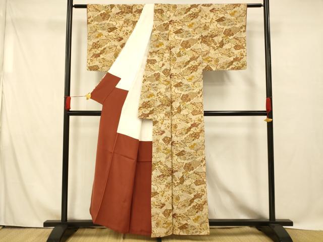 平和屋着物■上質な小紋 宝尽くし扇子文 金彩 鬼しぼ縮緬 正絹 逸品 AABG9800fw