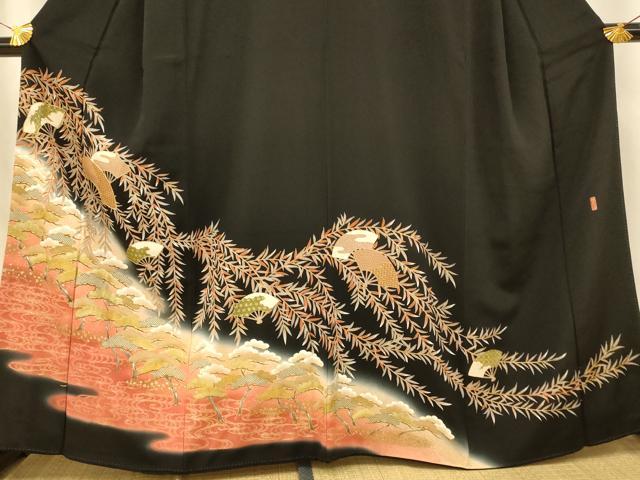 平和屋着物■豪華黒留袖 作家物 駒刺繍 萬寿染 樹林扇子文 暈し染め 金銀彩 正絹 逸品 AABG9814fw