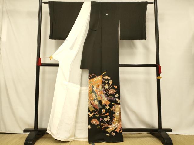 平和屋着物■豪華黒留袖 刺繍 宝尽くし吉祥花文 金糸 金彩 正絹 逸品 AABG9826fw