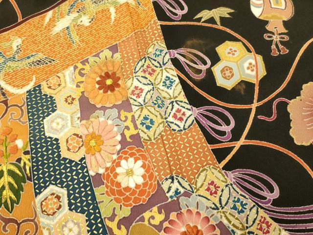 平和屋着物■豪華黒留袖 刺繍 宝尽くし吉祥花文 金糸 金彩 正絹 逸品 AABG9826fw