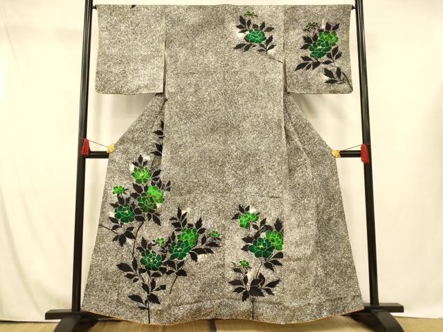 平和屋着物■上質な小紋 駒刺繍 更紗花文 たたき染め 正絹 逸品 AABG9832fw