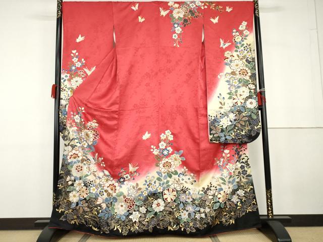 平和屋着物●豪華振袖 駒刺繍 花蝶文 暈し染め 金銀彩 正絹 逸品 AABG9841cs