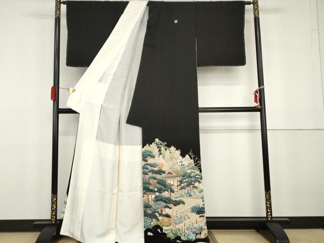 平和屋着物●本加賀友禅作家 北盛夫 黒留袖 風景花蝶文 正絹 逸品 AABG9868cs