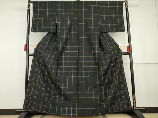 平和屋着物●本場縞大島紬 格子 黒地 正絹 逸品 AABG9871cs