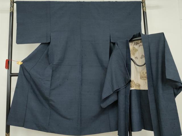 平和屋着物●男性 紬 アンサンブル 色無地 留紺色 正絹 逸品 AABG9885cs