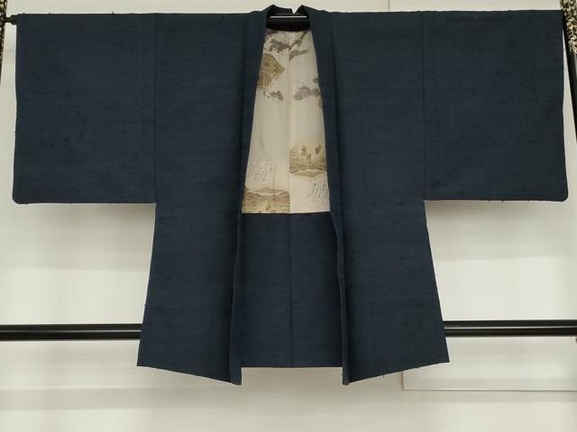 平和屋着物●男性 紬 アンサンブル 色無地 留紺色 正絹 逸品 AABG9885cs