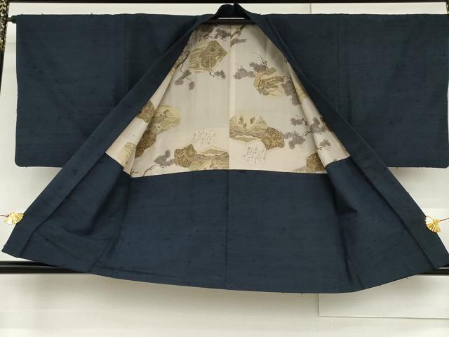 平和屋着物●男性 紬 アンサンブル 色無地 留紺色 正絹 逸品 AABG9885cs