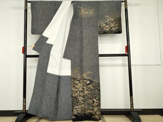 平和屋着物●訪問着 刺繍 枝葉舞蝶文 たたき染め 黒地 金糸 金彩 正絹 逸品 AABG9890cs