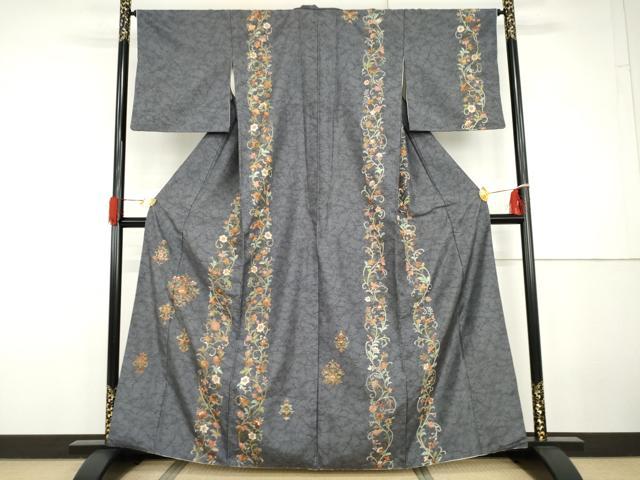 平和屋着物●総刺繍 訪問着 紬地 更紗花唐草間道 金糸 正絹 逸品 AABG9932cs
