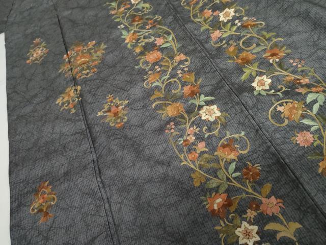 平和屋着物●総刺繍 訪問着 紬地 更紗花唐草間道 金糸 正絹 逸品 AABG9932cs