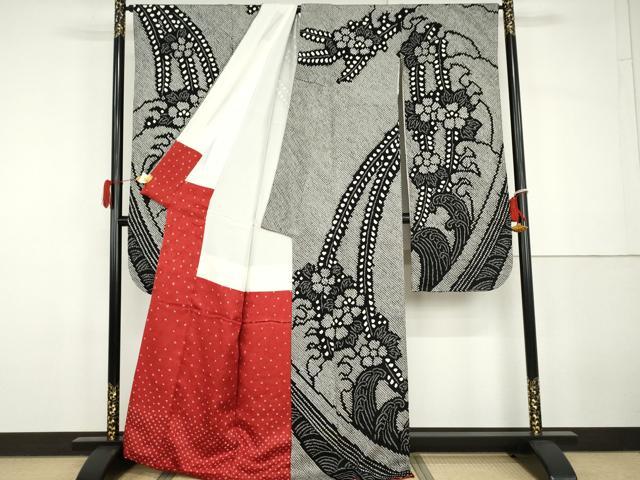 平和屋着物●豪華振袖 総絞り 立波草花文 黒地 正絹 逸品 AABG9935cs