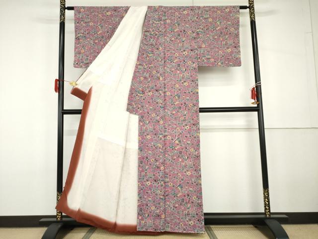 平和屋着物●上質な小紋 型染め 吉祥風景花文 正絹 逸品 未使用 AABG9963cs