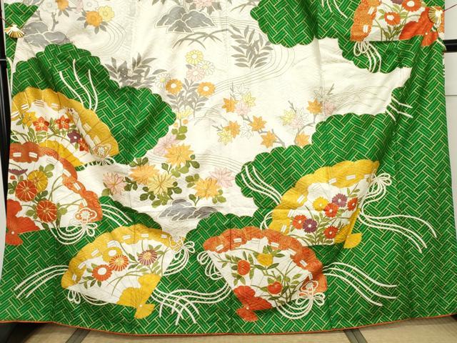 平和屋着物●豪華振袖・長襦袢(無双仕立て)セット 駒刺繍 檜扇枝花文 金彩 正絹 逸品 AABG9999cs