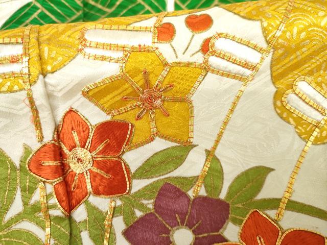 平和屋着物●豪華振袖・長襦袢(無双仕立て)セット 駒刺繍 檜扇枝花文 金彩 正絹 逸品 AABG9999cs
